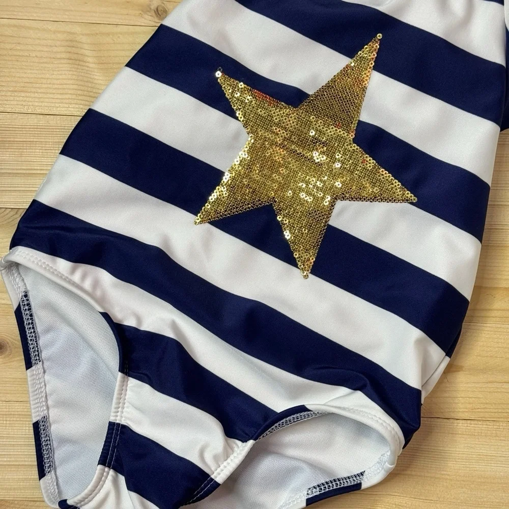 Cat & Jack Navy Stripe One Piece Swimsuit Gold Star Girls 5T Beach Swimwear